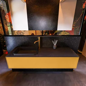 Mondiaz Erin 150cm badmeubel Ocher met 1 lade en zwarte wastafel links 1 kraangat