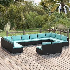 vidaXL 12-delige Loungeset met kussens poly rattan zwart