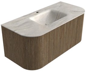 Mondiaz Kurve-dlux 100cm badmeubel ronding links/rechts dusk met 1 lade en 2 deuren en wastafel grunne midden 1 kraangat ostra
