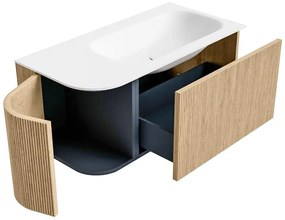 Mondiaz Kurve 95cm badmeubel ronding links oak met 1 lade en deur en wastafel big small kraangat rechts