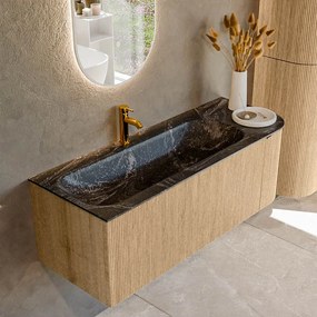Mondiaz Kurve-dlux 125cm badmeubel ronding rechts oak met 1 lade en deur en wastafel big medium kraangat links lava