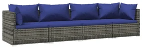 vidaXL 4-delige Loungeset met kussens poly rattan grijs