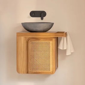 Georgy Zwevend Badkamermeubelset Van Teakhout Teakhout & Rond Grijs Cement Ø40 Cm Tarsis & Spiegelloze & Matzwart Inbouwmodel Met Afvoerkraan - Sklum