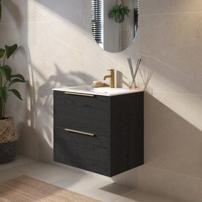 Saqu Lima badmeubel incl. keramische wastafel 60x46x61cm eiken zwart – messing greep