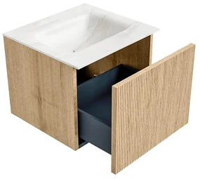 Mondiaz Kurve-dlux 50cm badmeubel oak met 1 lade en wastafel grunne midden 1 kraangat ostra