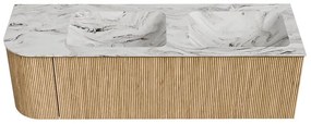 Mondiaz Kurve-dlux 145cm badmeubel ronding links oak met 1 lade en deur en wastafel leaf dubbel/rechts zonder kraangat glace