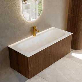 Mondiaz Kurve-dlux 110cm badmeubel walnut met 1 lade en wastafel big medium midden 1 kraangat opalo