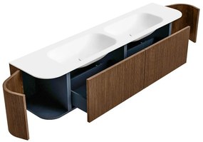 Mondiaz Kurve 190cm badmeubel ronding links/rechts walnut met 2 lades en deuren en wastafel big small dubbel zonder kraangat