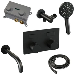 Brauer Black Carving thermostatische inbouw badkraan met uitloop en 3 standen handdouche set 4 zwart mat