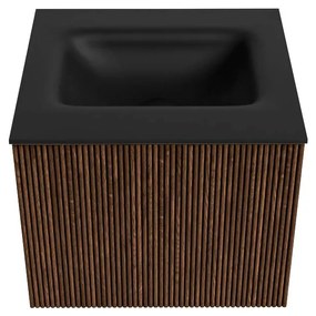 Mondiaz Kurve 50cm badmeubel walnut met 1 lade en wastafel grunne midden 1 kraangat urban