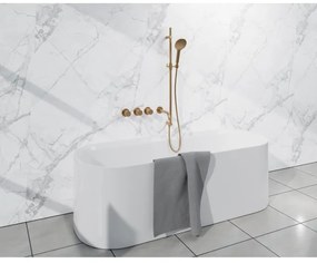 Fortifura Nebbio Badcombinatie-set - thermostaatkraan - glijstang met geïntegreerde wandaansluitbocht - metalen doucheslang - ronde handdouche - uitloop - geborsteld messing SW1183067 SW1111531 SW706206 SW799449 SW1183076 SW