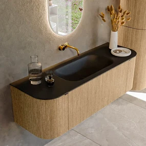 Mondiaz Kurve 140cm badmeubel ronding links/rechts oak met 1 lade en 2 deuren en wastafel big small midden zonder kraangat urban