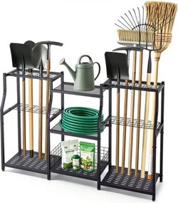 VEVOR Tuingereedschapsrek 1235x290x795mm 3-laags gereedschapshouder zwart, opbergrek voor garage, schuur of tuin, stalen organizer voor bezems, dweilen en harken, met opbergvakken en stelvoeten