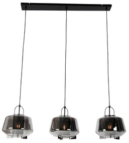 Eettafel / Eetkamer Hanglamp zwart met smoke glas 30 cm langwerpig 3-lichts - Kevin Art Deco E27 Binnenverlichting Lamp