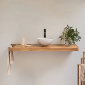 Conjunto Van Meubel 130x45 Cm Hangend In Teakhout Neill Teakhout & Rond Wit Keramiek Ø30 Cm Calgari & Spiegelloze & Mat Zwart ↑30 - Sklum