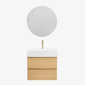 Badkamermeubelset Van Hout En Essenhoutfineer Met Geïntegreerde Wastafel Ona Natuurlijk Hout & Round Led And Antifog Ø70 Cm Solyn & - Sklum