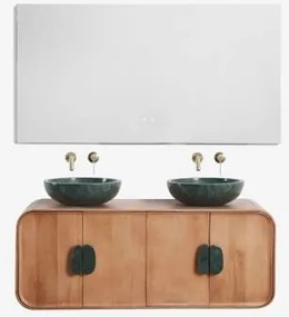Dubbel Zwevend Badkamermeubelset 130x45 Cm Van Mangohout En Natuurlijke Kivalina-steen Rectangular Led And Antifog 140x75 Cm Riben & 2 X Orveta Gebors