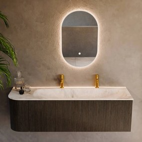 Mondiaz Kurve-dlux 145cm badmeubel ronding links shadow met 1 lade en deur en wastafel big large rechts 2 kraangaten frappe