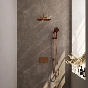 Brauer Copper Carving thermostatische inbouw regendouche met 3 standen handdouche, gebogen muurarm, glijstang en hoofddouche 30cm set 70 koper geborsteld PVD