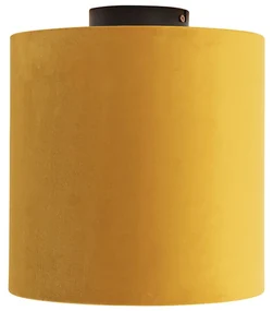 Stoffen Plafondlamp met velours kap oker met goud 25 cm - Combi zwart Landelijk / Rustiek E27 rond Binnenverlichting Lamp