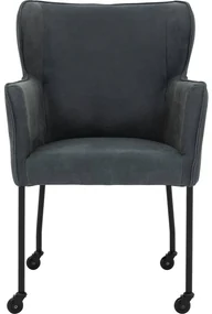 Goossens Excellent Eetkamerstoel Leogang blauw leer met armleuning en met wielenZwart skater wiel met zwarte kap, elegant chic