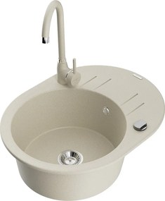 Mexen Kevin granitische spoelbak 1-kompartement met afdruiprek en keukenkraan Telma, beige - 6517-69-670200-69