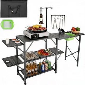 VEVOR Campingkeuken Buitenkeuken 174 x 50 x 160 cm, Reiskeuken Tentkast Opvouwbaar 40 + 22 kg Opvouwbare kampeertafel Keukenbox Werkblad Ruimte voor de gootsteen Draagtas Zwart