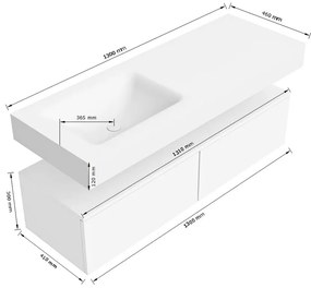 Zaro Alan badmeubel 130cm talc 2 lades met vrijhangende wastafel cloud links zonder kraangat urban