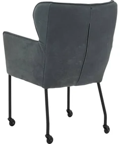 Goossens Excellent Eetkamerstoel Leogang blauw leer met armleuning en met wielenZwart skater wiel met zwarte kap, elegant chic