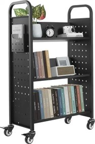VEVOR Boekenwagen, draagvermogen 150 kg, Bibliotheekwagen, 77 x 38 x 122 cm, enkelzijdige V-vormige boekenplank met dubbele remwielen, Boekenplankwagen voor woonkamer, kantoor, school, zwart