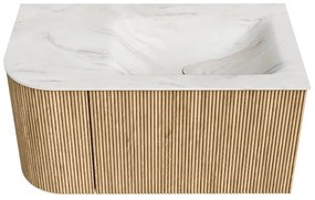 Mondiaz Kurve-dlux 85cm badmeubel ronding links oak met 1 lade en deur en wastafel cloud rechts zonder kraangat ostra