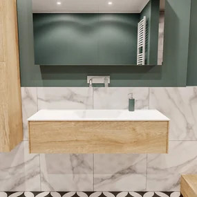 Lush onderkast 120cm in kleur WASHED OAK met 1 lade Push tot open geschikt voor gecentreerde wastafel. Compleet met solid surface wastafel cloud M35162met 0 kraangat(en)