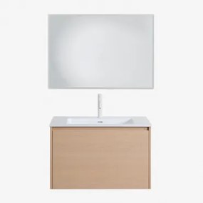 Hangend Badkamermeubelset 80x50 Cm Van Hout Met Geïntegreerde Wastafel Jacob Natuurlijk Hout & Rechthoekige Led En Anticondens 100x70 Cm - Sklum