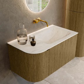 Mondiaz Kurve-dlux 85cm badmeubel ronding links dusk met 1 lade en deur en wastafel cloud rechts zonder kraangat ostra