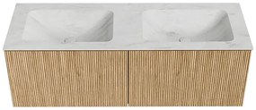 Mondiaz Kurve-dlux 130cm badmeubel oak met 2 lades en wastafel leaf dubbel 2 kraangaten opalo