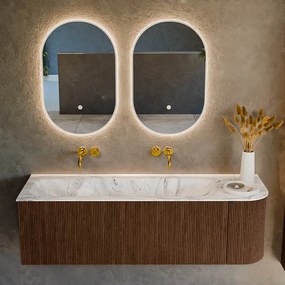 Mondiaz Kurve-dlux 145cm badmeubel ronding rechts walnut met 1 lade en deur en wastafel big large links zonder kraangat glace