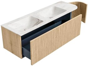 Mondiaz Kurve-dlux 145cm badmeubel ronding rechts oak met 1 lade en deur en wastafel leaf dubbel/links 2 kraangaten frappe