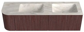 Mondiaz Kurve-dlux 155cm badmeubel ronding links ruby met 2 lades en 1 deur en wastafel leaf dubbel/rechts zonder kraangat ostra