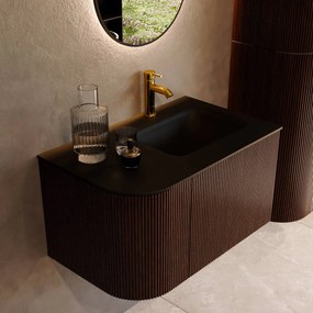 Mondiaz Kurve 75cm badmeubel ronding links ruby met 1 lade en deur en wastafel grunne kraangat rechts urban