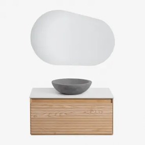 Tedrik Zwevend Badkamermeubelset 80x50 Cm In Essenhout Ash Brown & Rond Grijs Cement Ø40 Cm Tarsis & Ovaal Led En Anticondens 100x80 Cm Riben - Sklum