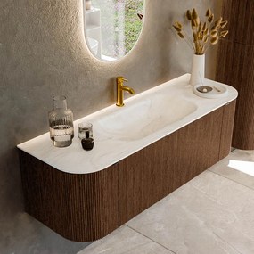 Mondiaz Kurve-dlux 140cm badmeubel ronding links/rechts walnut met 1 lade en 2 deuren en wastafel big small midden 1 kraangat ostra