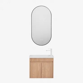 Narek Zwevend Houten Badkamermeubelset Met Geïntegreerde Wastafel Ash Brown & Ovale Led En Anticondens Zwart 50x100 Cm Asteiro & Wit - Sklum