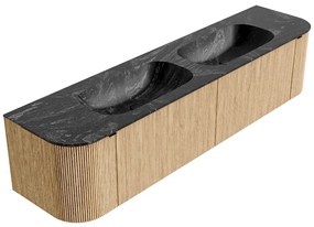 Mondiaz Kurve-dlux 190cm badmeubel ronding links/rechts oak met 2 lades en deuren en wastafel stor small dubbel 2 kraangaten lava