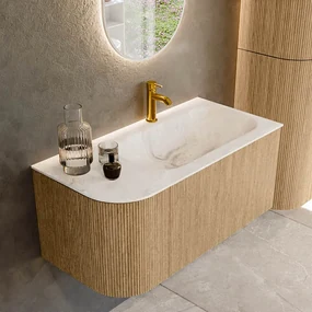 Mondiaz Kurve-dlux 95cm badmeubel ronding links oak met 1 lade en deur en wastafel big small kraangat rechts frappe