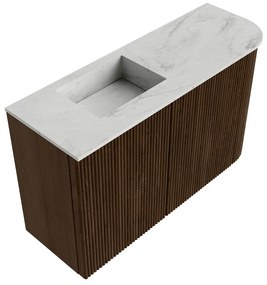 Mondiaz Joya DLux 70cm toiletmeubel ronding rechts walnut met wastafel faye links zonder kraangat opalo