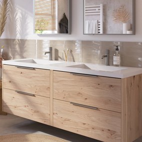 Saqu Lima badmeubel incl. dubbele glans witte wastafel 160x52x64cm naturel eiken – rvs greep