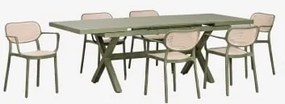 Uitschuifbare Rechthoekige Tafelset 180-240x90 Cm Karena En 6 Stapelbare Tuinstoelen Met Armleuningen Omara Groen – Intens Olijf - Sklum