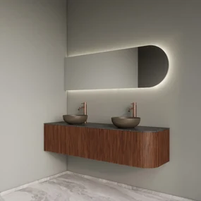 Gliss Design Alluro badmeubel ribbelfront met ronding rechts 160cm walnut en zwart leisteen toppaneel