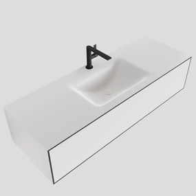 Zaro Lagom volledig naadloos solid surface onderkast 130cm mat zwart met 1 lade Push tot open. Compleet met solid surface wastafel met 1 kraangat(en)