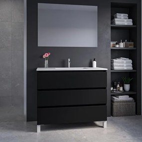 Adema Chaci PLUS Badkamermeubelset - 100x86x46cm - 1 rechthoekige keramische wasbak wit - 1 kraangat - 3 lades - rechthoekige spiegel - mat zwart SW1212802/SW804532/SW724612